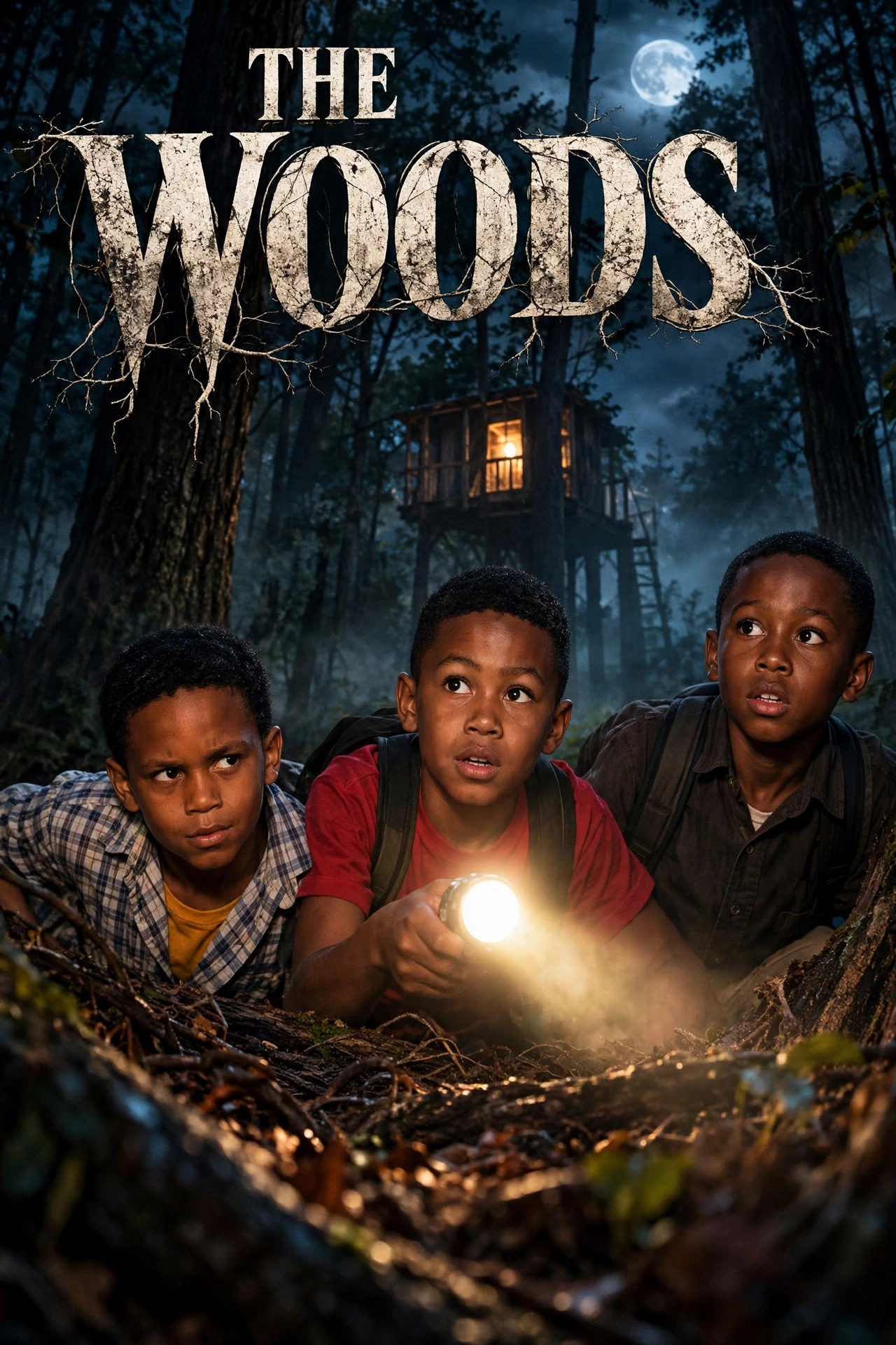 THE WOODS original series official poster featuring Herbert, Chris, and Greg in a moonlit forest